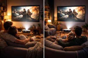 découvrez comment un couple à distance peut partager un moment convivial en regardant ensemble un film grâce au vidéoprojecteur acer, pour une expérience cinématographique partagée malgré la distance.